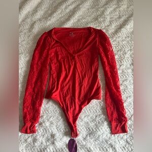 Avidlove Womens Red Long Sleeve Bodysuit Double Lined V Neck Lace Puff Sleeves